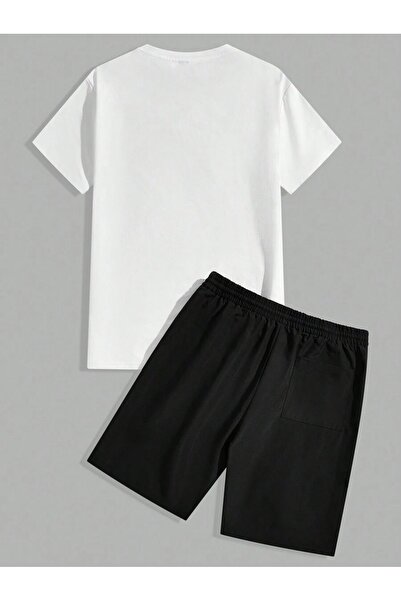 Hunors Sportswear & Company Reneıssance Beyaz T-Shirt Siyah Şort - Şortlu Tişört Alt Üst Takım Baskılı Bisiklet Yaka