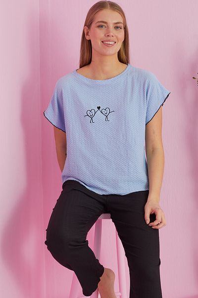 Siyah İnci Knitted Pajama Set - Blue Crinkle Fabric