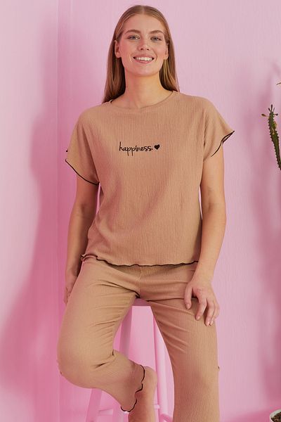 Siyah İnci Knitted Pajama Set - Mink Crinkle Fabric