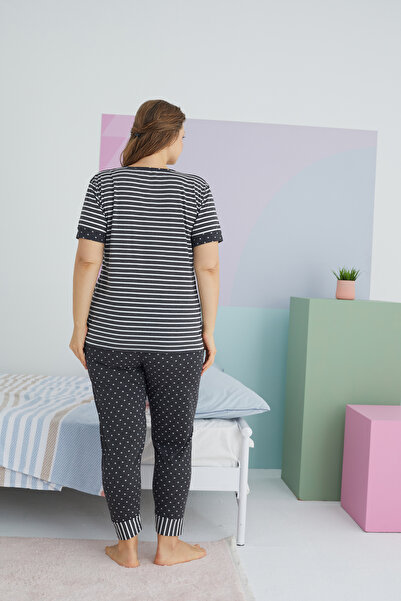 Siyah İnci Large Size Oversize Cotton Knitted Pajamas Set - Multicolor Curve