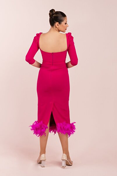 Carmen Krep Kumaş Eteği Tüylü Uzun Kol Midi elbise (crm-58146)