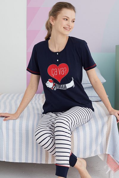 Siyah İnci Colorful Cotton Knitted Pajama Set
