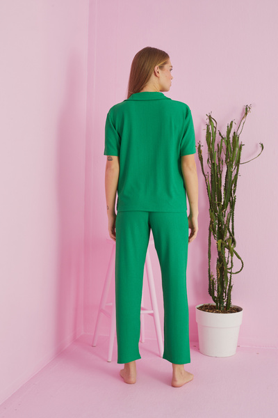 Siyah İnci Green Buttoned Crinkle Knitted Pajama Set