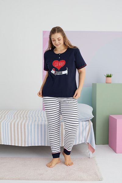 Siyah İnci Large Size Oversize Cotton Knitted Pajamas Set - Multicolor Curve
