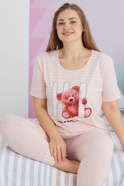 Siyah İnci Large Size Oversize Knitted Cotton Pajamas Set - Multicolored Curve