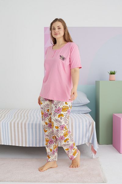 Siyah İnci Large Size Oversize Cotton Knitted Pajamas Set - Multicolor Curve
