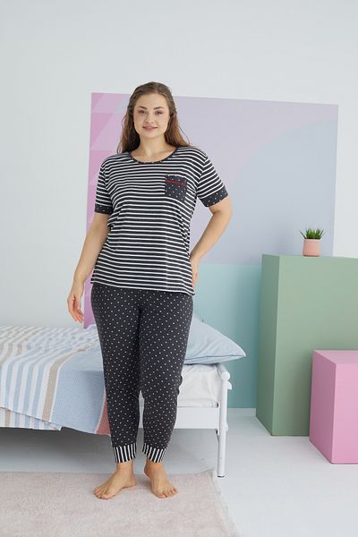 Siyah İnci Large Size Oversize Cotton Knitted Pajamas Set - Multicolor Curve