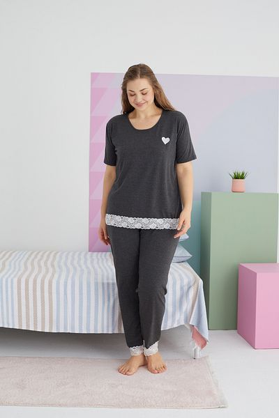 Siyah İnci Σετ Πιτζάμες Πλεκτό Βαμβακερό Ανθρακί Curve Plus Size - King Size