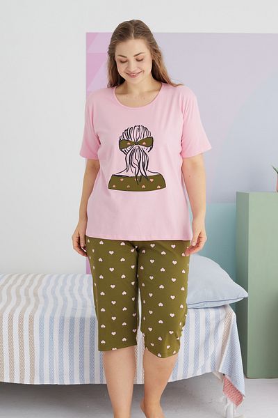 Siyah İnci Large Size Oversize Cotton Curve Capri Set - Multicolored