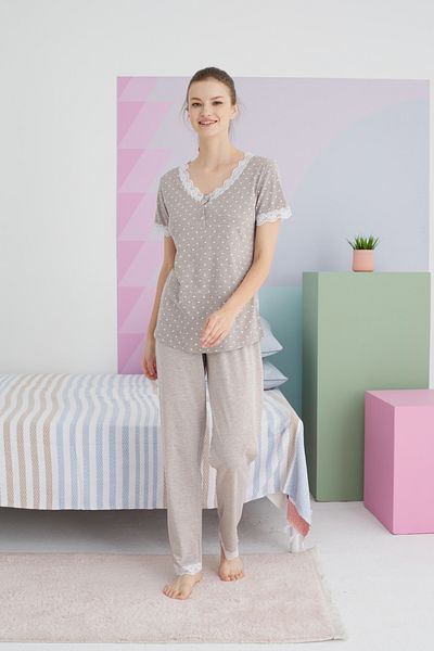 Siyah İnci Cotton Mink Knitted Pajama Set - Buttoned