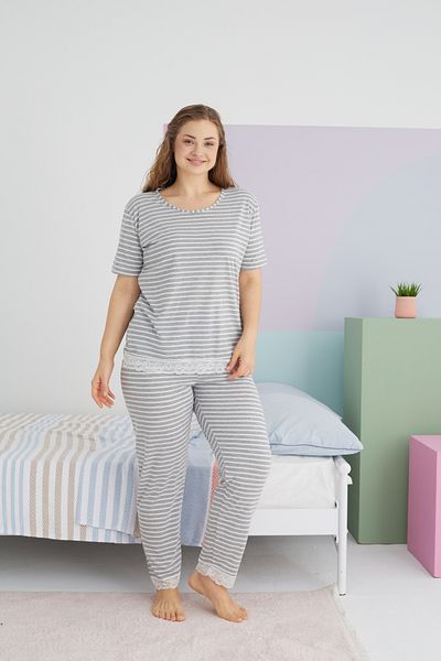 Siyah İnci Σετ Πιτζάμες Πλεκτό Βαμβακερό Γκρι Curve Plus Size - King Size
