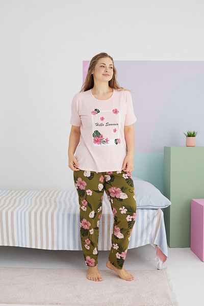 Siyah İnci Large Size Oversize Cotton Knitted Pajamas Set - Multicolor Curve
