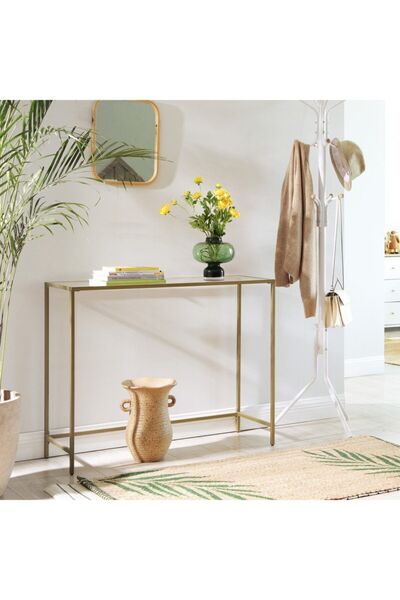 tino furniture Greenwich Gold Metal Cam Raflı Dresuar Konsol Temperli Cam