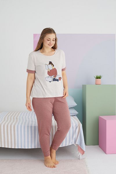 Siyah İnci Beige Melange Curve Large Size Cotton Knitted Pajamas Set