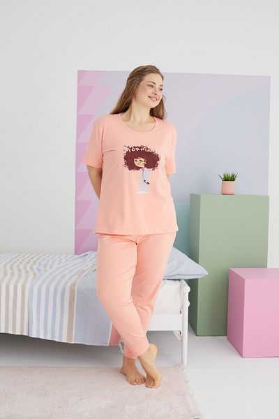 Siyah İnci Σετ Πιτζάμες Πλεκτό Βαμβακερό Σολομός Curve Plus Size - King Size
