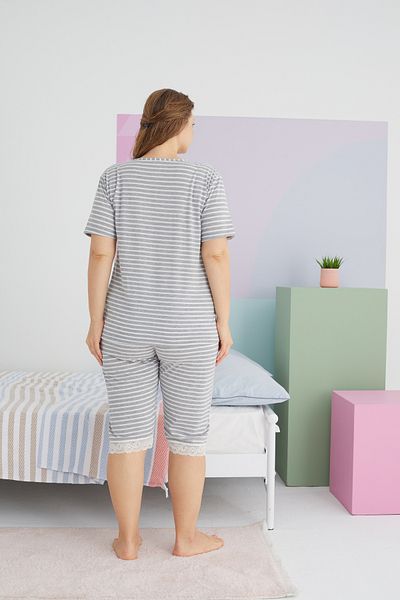 Siyah İnci Large Size Oversize Cotton Curve Capri Set - Multicolored