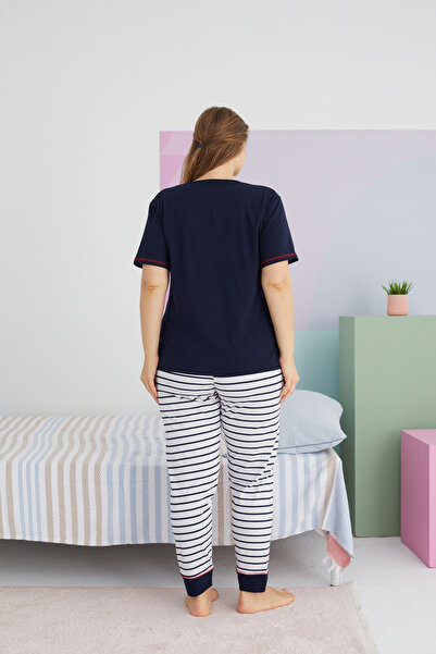 Siyah İnci Large Size Oversize Cotton Knitted Pajamas Set - Multicolor Curve