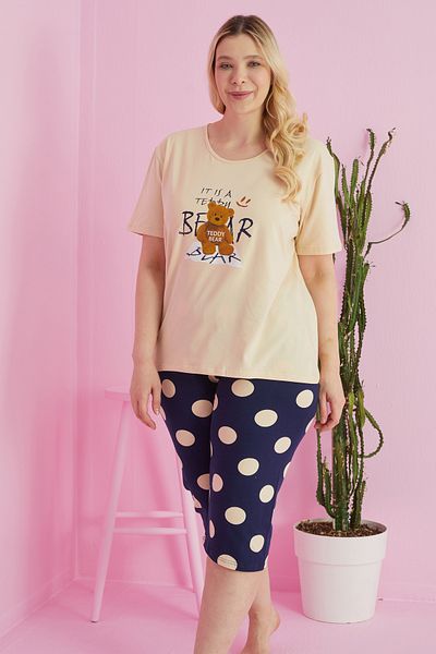 Siyah İnci Multicolor Curve Plus Size Oversized Cotton Knitted Capri Set