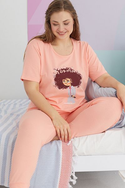 Siyah İnci Σετ Πιτζάμες Πλεκτό Βαμβακερό Σολομός Curve Plus Size - King Size