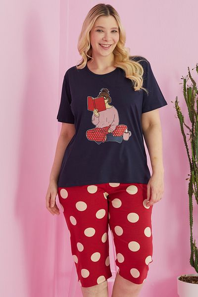 Siyah İnci Large Size Oversize Cotton Curve Capri Set - Multicolored
