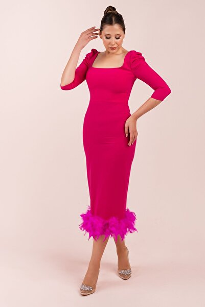 Carmen Krep Kumaş Eteği Tüylü Uzun Kol Midi elbise (crm-58146)