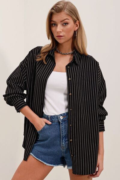 Jeyda Çizgili Oversize Uzun Kol Gömlek