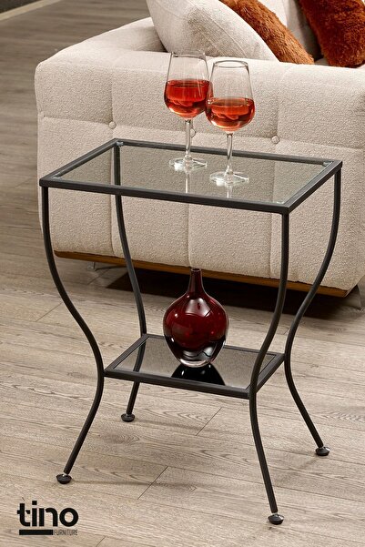 tino furniture Floransa Siyah Yan Sehpa Cam Ve Ayna Raflı Metal Komodin