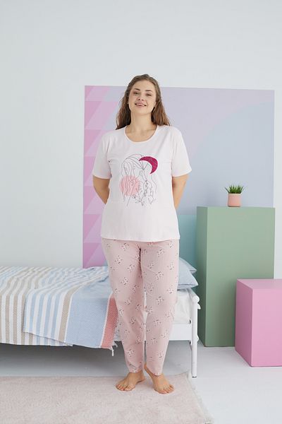Siyah İnci Large Size Oversize Knitted Cotton Pajamas Set - Multicolored Curve