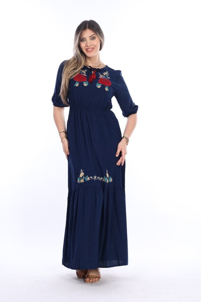 mervemoda Hosszú, hímzett, rövid ujjú galléros női nyári ruha