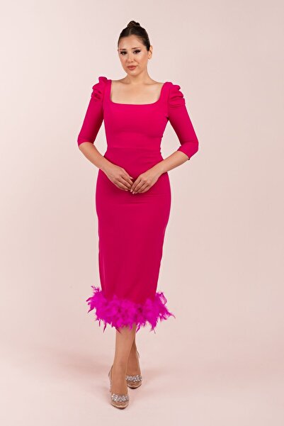 Carmen Krep Kumaş Eteği Tüylü Uzun Kol Midi elbise (crm-58146)