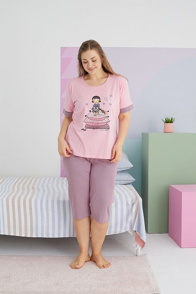 Siyah İnci Plus Size King Size Cotton Curve Capri Σετ - Πολύχρωμο