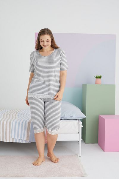 Siyah İnci Large Size Oversize Cotton Curve Capri Set - Multicolored