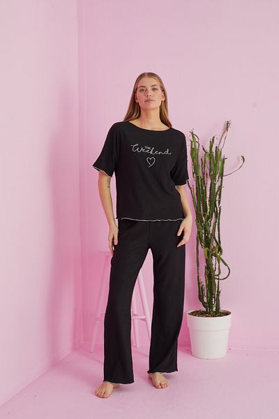 Siyah İnci Set pijamale tricotate negre - țesătură șifonată