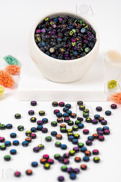 LANDOFACCESSORY 4x7 Mm Black Plastic Flat - A-Z Letter Beaded, 25 Grams ~ 150...