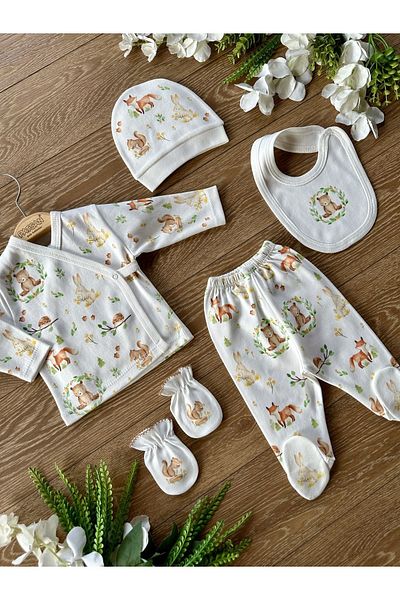 PATSAN Organic 5 Piece Newborn Hospital Release Baby Bodysuit Set Bear Squirrel