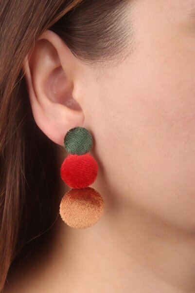 AKIN AKSESUAR HEDİYELİK Velvet Earrings - Triple Button Model, Dangle