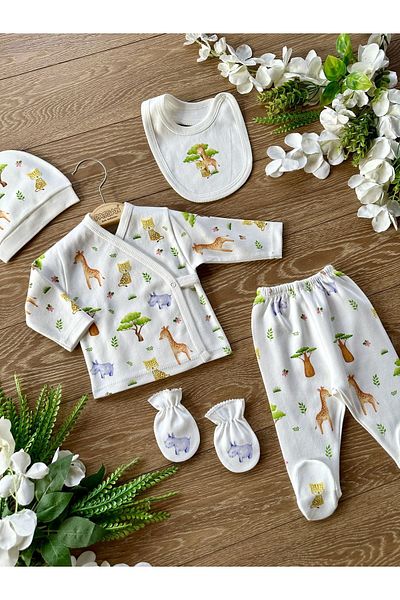PATSAN Organic Cotton 5 Piece Newborn Hospital Discharge Baby Bodysuit Set Amazon Giraffe Leopard Rhinoceros