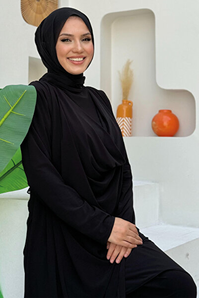 Bym Fashion Σετ παντελόνι και τουνίκ γιακά ασύμμετρου κομμένου σάλι - Μαύρο 8552