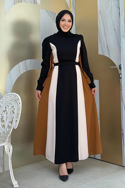 Bym Fashion Μαύρο Τρίχρωμο φόρεμα με ζώνη 3901