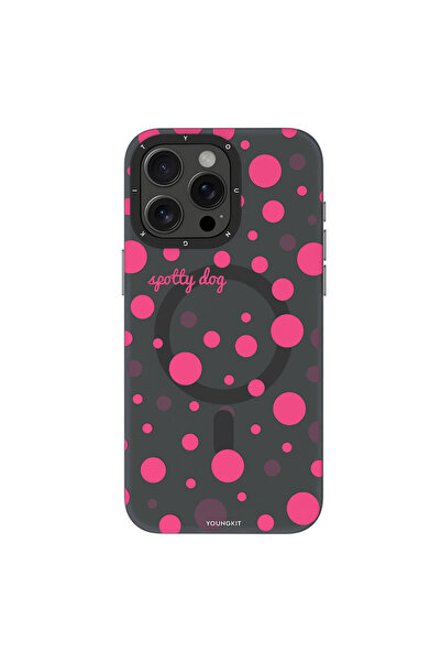 Youngkit iPhone 14 Pro Max Uyumlu Kılıf Magsafe Özellikli Polka Dot Desenli Youngkit Spots Serisi Kapak Gri