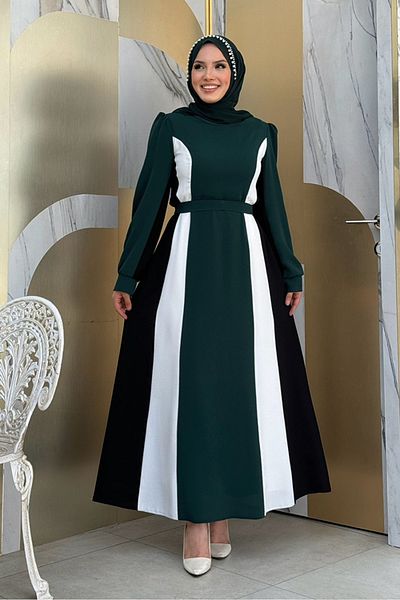 Bym Fashion Τρίχρωμο φόρεμα με ζώνη 3901 - Emerald