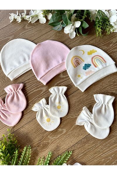 Renkli Puset Organic 6-Piece Newborn Baby Gloves Hat Set Rainbow Sun