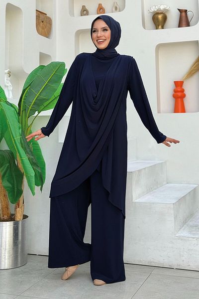 Bym Fashion Σετ χιτώνα και παντελόνι με γιακά σάλι ασύμμετρο μπλε Navy - 8552
