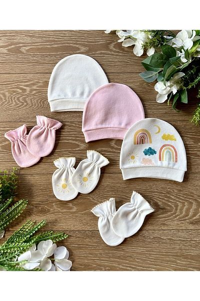 Renkli Puset Organic 6-Piece Newborn Baby Gloves Hat Set Rainbow Sun