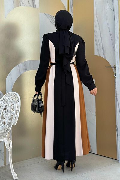 Bym Fashion Μαύρο Τρίχρωμο φόρεμα με ζώνη 3901