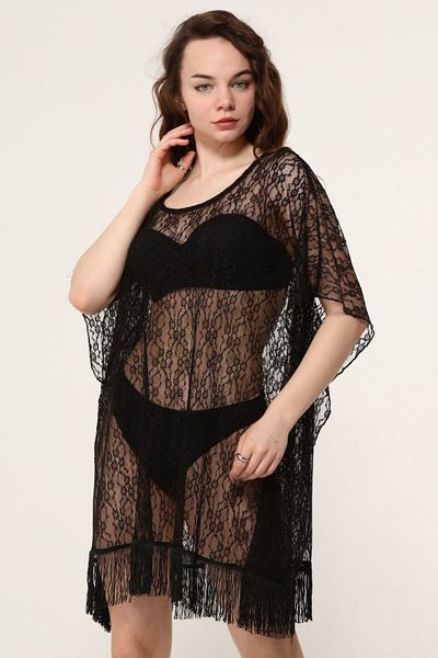 Bolder Rochie de plajă cu ciucuri din dantelă neagră Simone