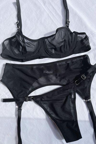 Rubuvi Set sutien și chiloți negru cu detalii sexy din tul - cu sârmă transparentă fără cupe