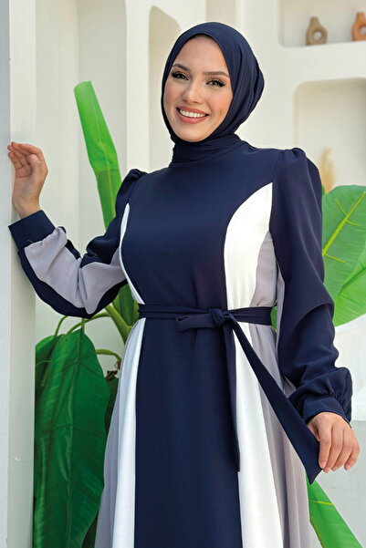 Bym Fashion Φόρεμα με ζώνη μπλε ναυτικό 3901 τριών χρωμάτων