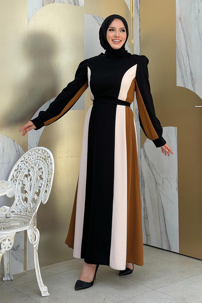Bym Fashion Black Three-Color Waist Belted Dress 3901