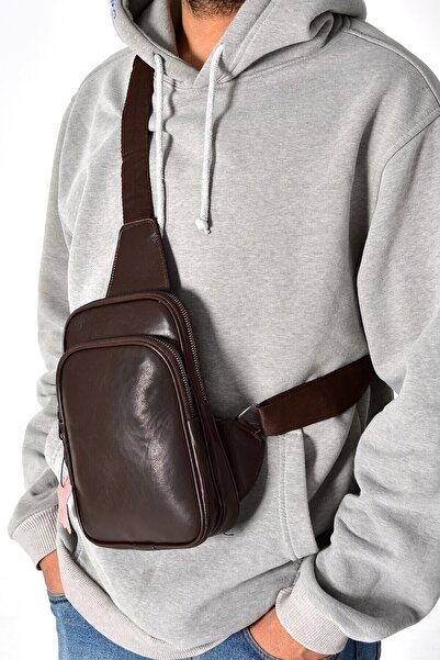 tuldar Ανδρική τσάντα στήθους και ώμου σε καφέ γνήσιο δέρμα με μαλακή υφή με θήκη για πορτοφόλι τηλεφώνου